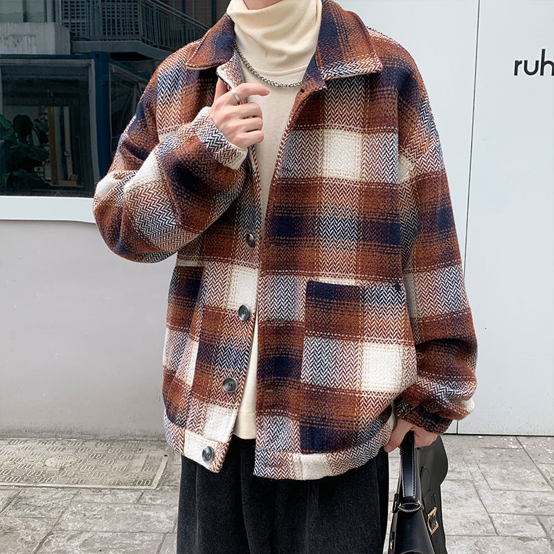 

2021 New Autumn Plaid Men's Fashion Retro Casual Jacket Men Streetwear Loose Korean Short Woolen Coat Mens Overcoat -5xl 9q4m, Checked
