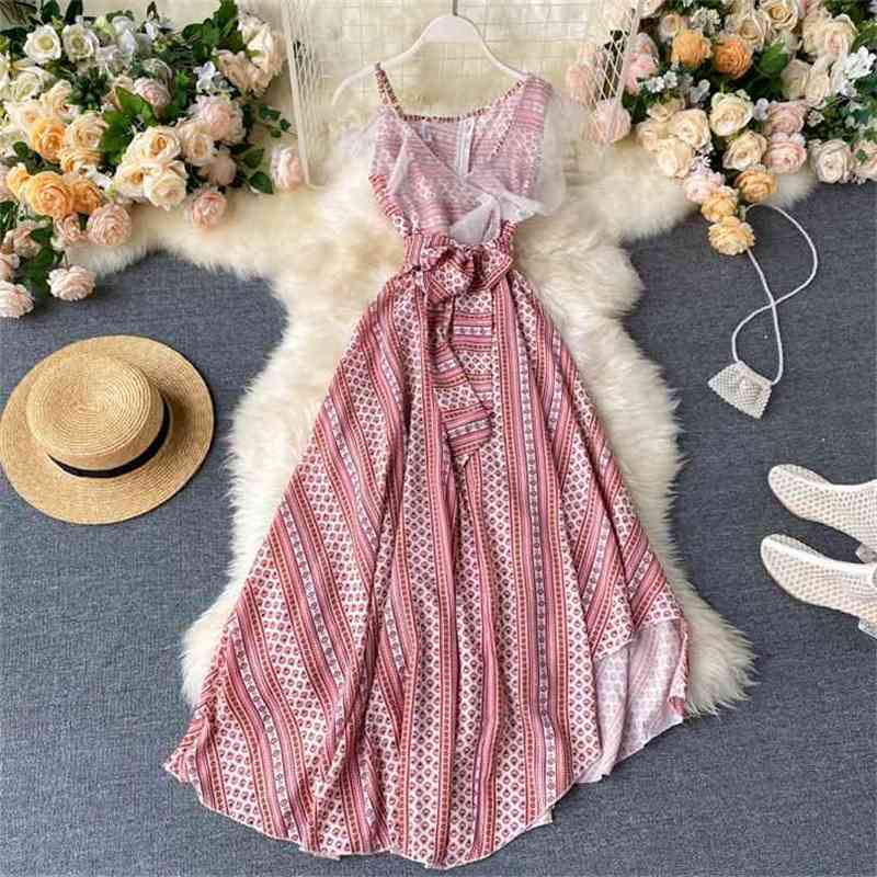 

summer patchwork Tulle dress fashion women sexy v-neck Backless sleeveless bandage bow elegant ladies beach long robe 210525