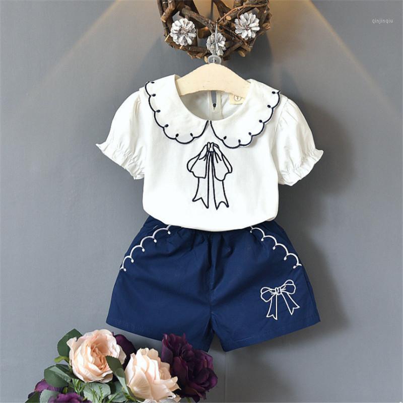 

Kids Girls 2-piece Outfit Set Short Sleeve Bowknot Print Tops+Shorts For Children Clothing Sets, White
