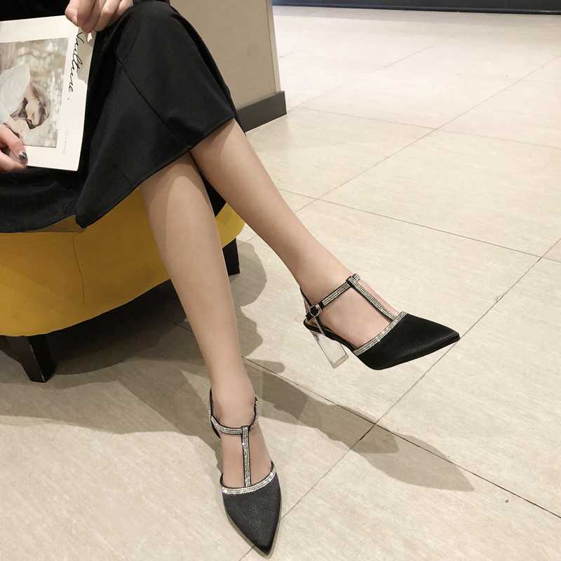 

New pointed high heels thick heel sexy temperament noble style toe cap sandals rhinestone crystal back strap high heel sandals, Black