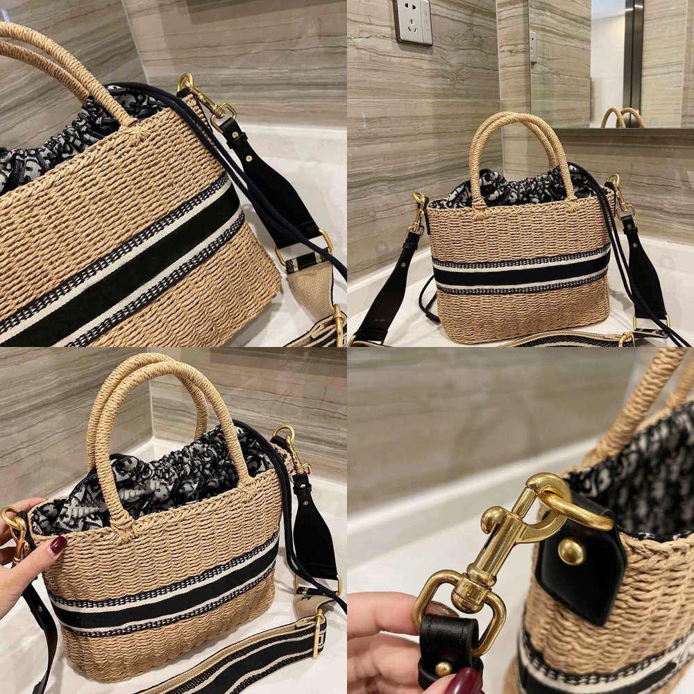 

Fashion Straw woven bag shopping Handbag vegetable basket Summer versatile drawstring with shoulder crossbar Stitching bow and silk edge Beach Bags Original box, Nude