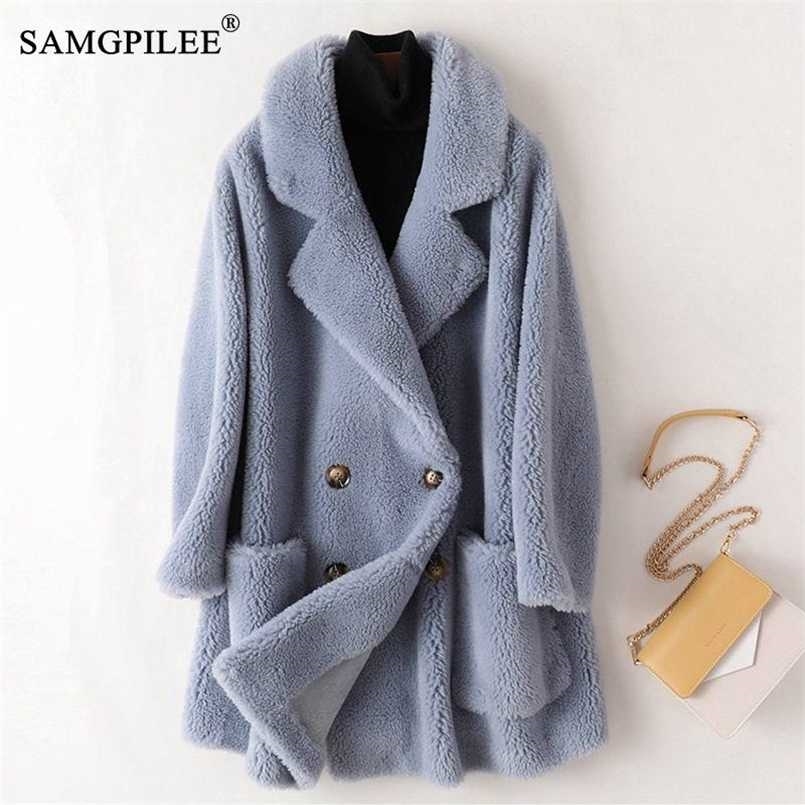 

Real Fur Coat High Quality Australian Womens Wool Coats Thick Warm Elegant Loose Large Size Long Outwear Winter Coat For Women 211110, Bright blue