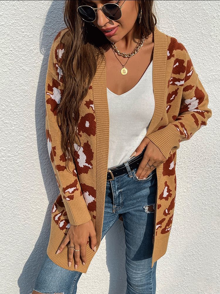 

Women's Sweaters 2022 female leopard print long cardigan sweater retro winter sleeve loose jacket office y2k USFV, 1# shoe box