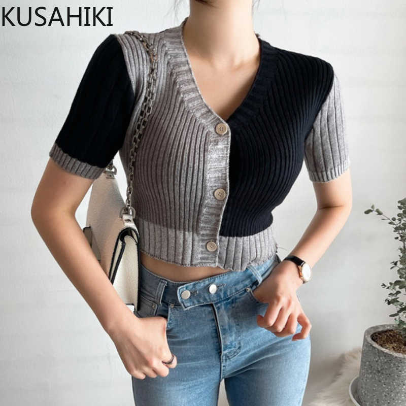 

KUSAHIKI Vintage V-neck Hit Color Patchwork Knitwear Coat Short Sleeve Slim Korea Sweater Women Knitted Cardigan 6G904 210602, Gray