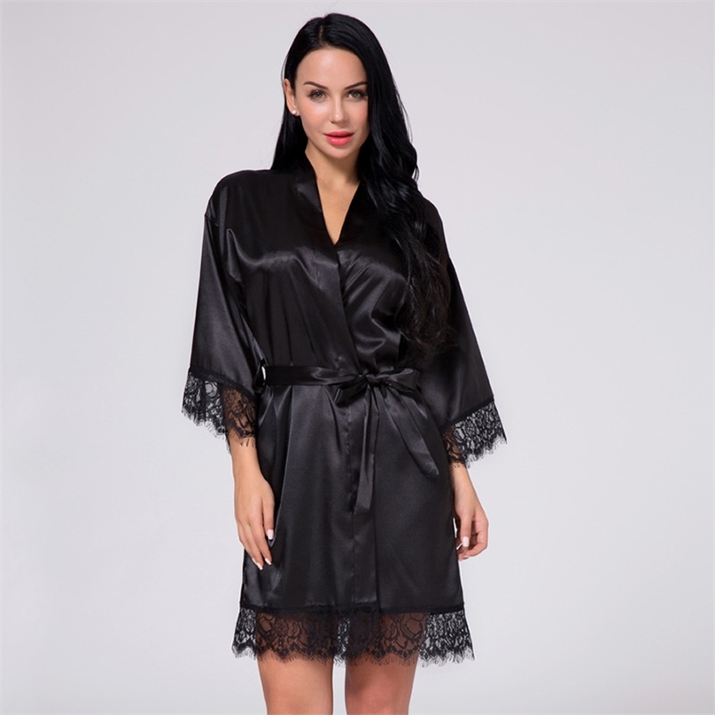 

Sexy Bridesmaid Short Satin Bride Robe Lace Kimono Women Wedding Sleepwear Summer Female Bathrobe Lingerie Clothes Home Femme 210607, Blue