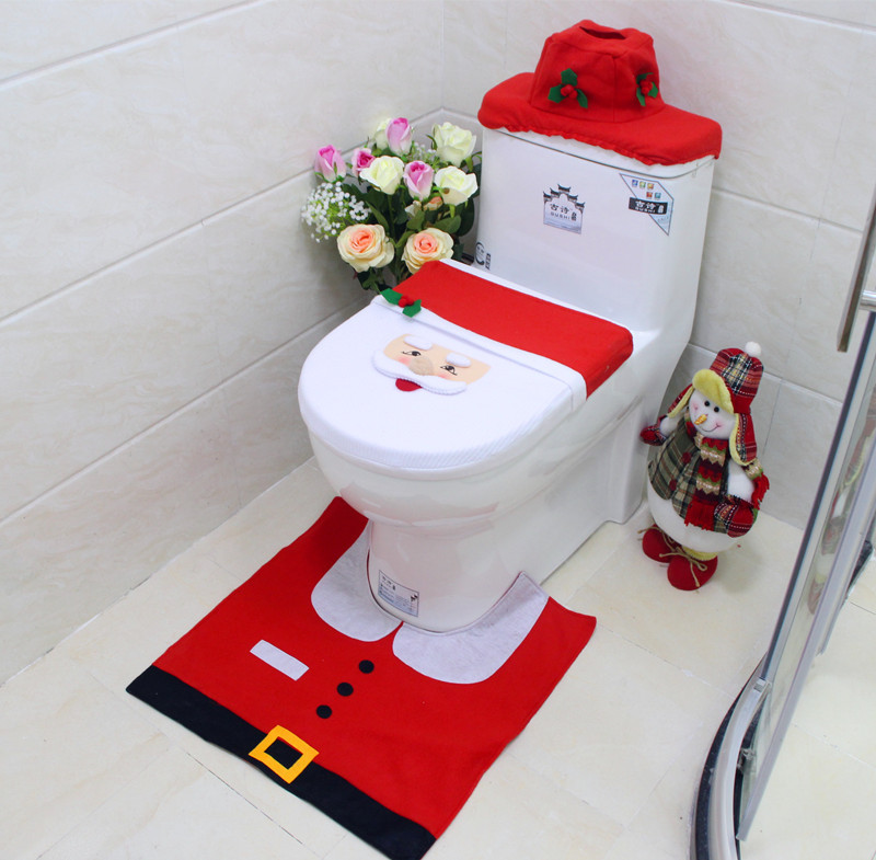 

Christmas toilet cover cover Elderly snowman bathroom three-piece toilet toilet seat pad water tank cover paper towel set, Santa claus