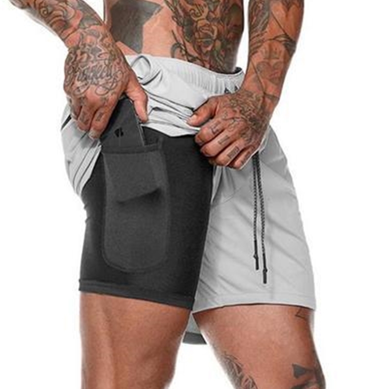 2021 Nouvelle poche de fermeture à glissière 2 dans un pantalon court Fitness Gymnasium Bodybuilding Bodyging Training Hommes Séchoir rapide Homm