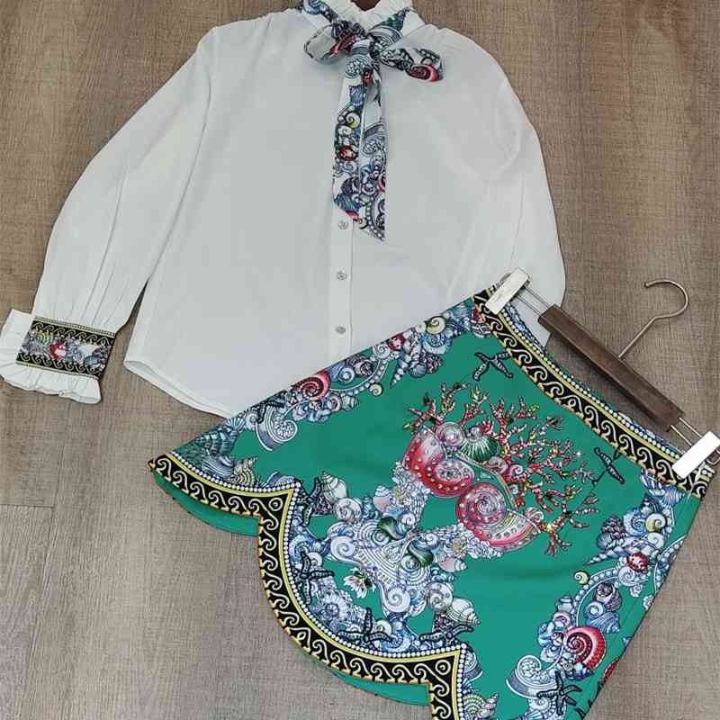 

Truevoker European Runway Designer Skirt Set Women Lantern Sleeve Blouse + With Baroque Print Diamond Beading et 210602, Multi