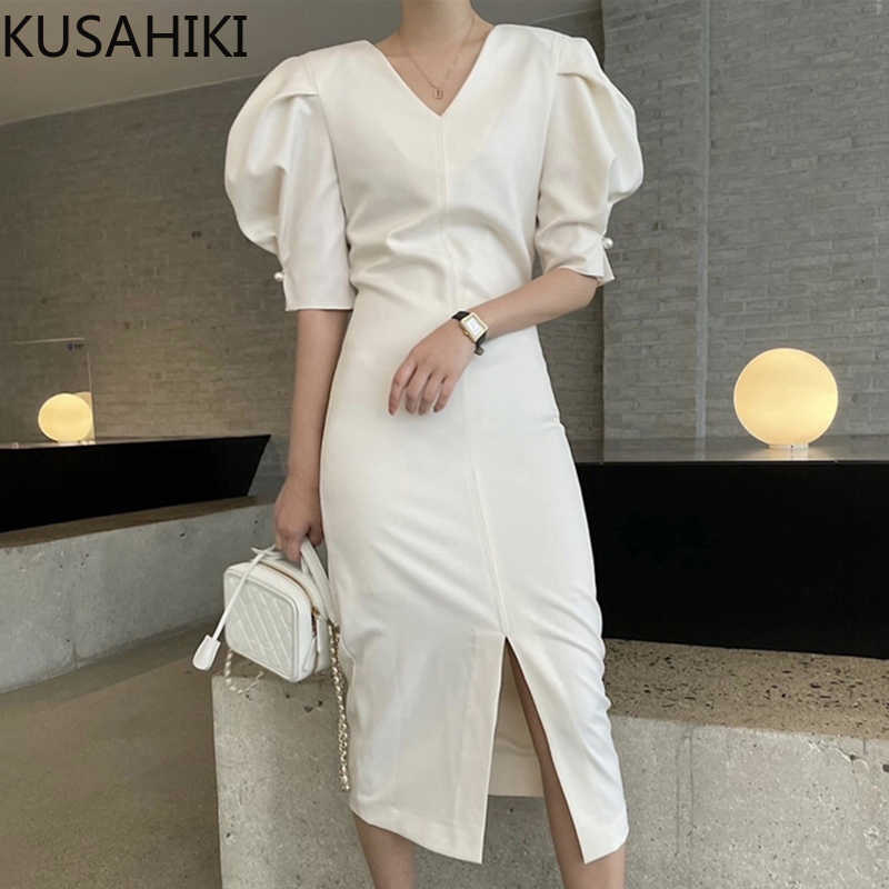 

KUSAHIKI Elegant V-necl Slim Split Dresses Korean Puff Sleeve Chic Woman Dress Solid Causal Vestido Feminimos 6H538 210602, Apricot