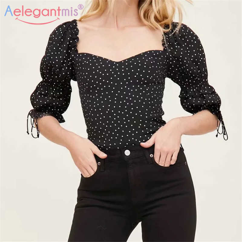 

Aelegantmis Draswstring Sexy Square Collar Polka Dot Blouse Women Summer Party Beath Female Top Short Sleeve 210607, As shown