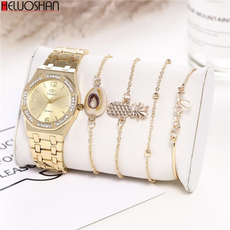 

Wristwatches 5pc/set 2021 Ladies Watches Women Gold Watch Steel Strip Casual Female Wristwatch Rhinestone Simple Bracelet Set