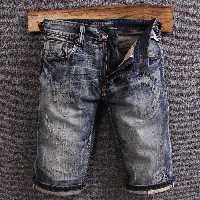 

2021 New Summer Fashion Designer High Quality Vintage Retro Dark Blue Ripped Denim Shorts Men Hip Hop Short Jeans Homme 9x43