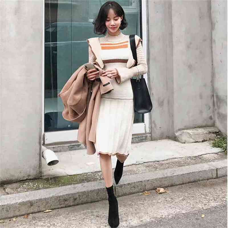 

High Quality Fashion Elegant Midi Knitted Sweater Dress Winter Women Knit Bodycon Ruffles Pullover es 210603, Picture color
