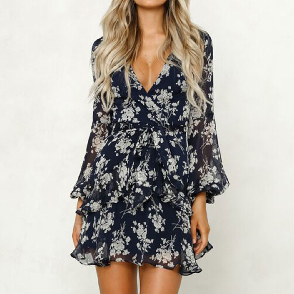 

2021 New Elegant Long Sleeve v Neck Floral Leaf Printed Chiffon Casual Summer Ruffles Beach Mini Sexy Omzu, As photo