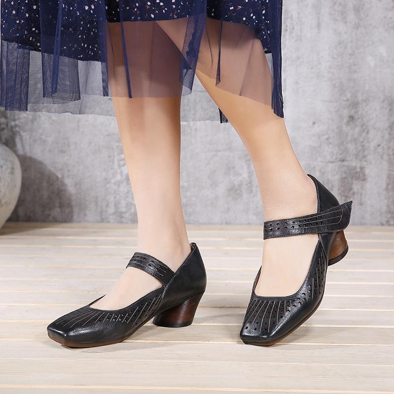

2021 Spring New Pumps Shoes Woman Square Toes Fretwork Lady High Heel Shoes Block Heel Genuine Leather Female Casual, Brown
