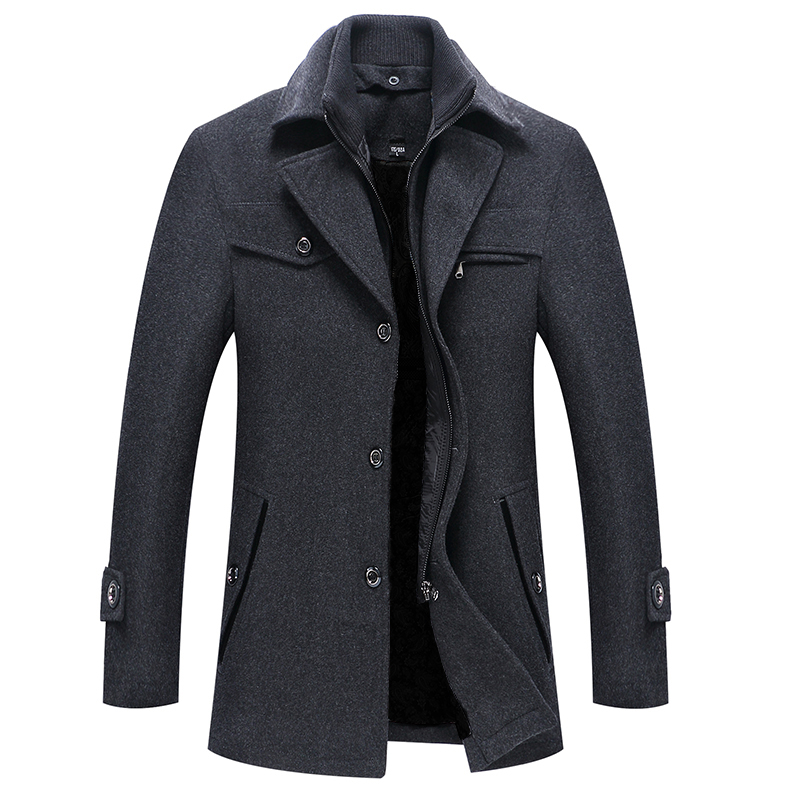 Winter Mens Casual Wool Trench Blends Coat Business Medium Long Solid Color Thicken Slim Windbreaker Warm Overcoat Jacket 2pcs-image-746773864