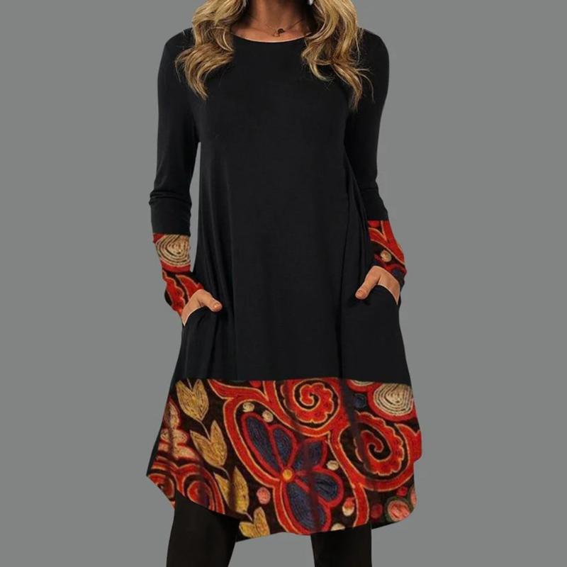 

Casual Dresses Women Dress Printed Irregular Hem Autumn Winter Pockets Crew Neck Mid Waist For Office Daily Wear, Pink