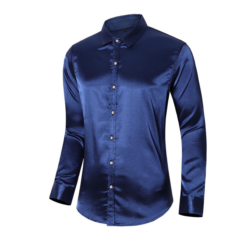 

Men's Casual Shirts Longsleeve Shirt For Men High Quality Brand Emulation Silk Satin Dress Slim Chemise Homme Male Social, White