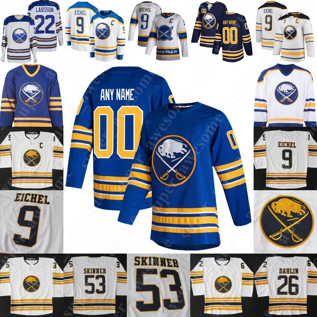 

Buffalo Sabres Jersey Taylor Hall Jack Eichel Victor Olofsson Rasmus Dahlin Jeff Skinner Carter Hutton Sam Reinhart Eric Staal Kyle Okposo, White 50th season