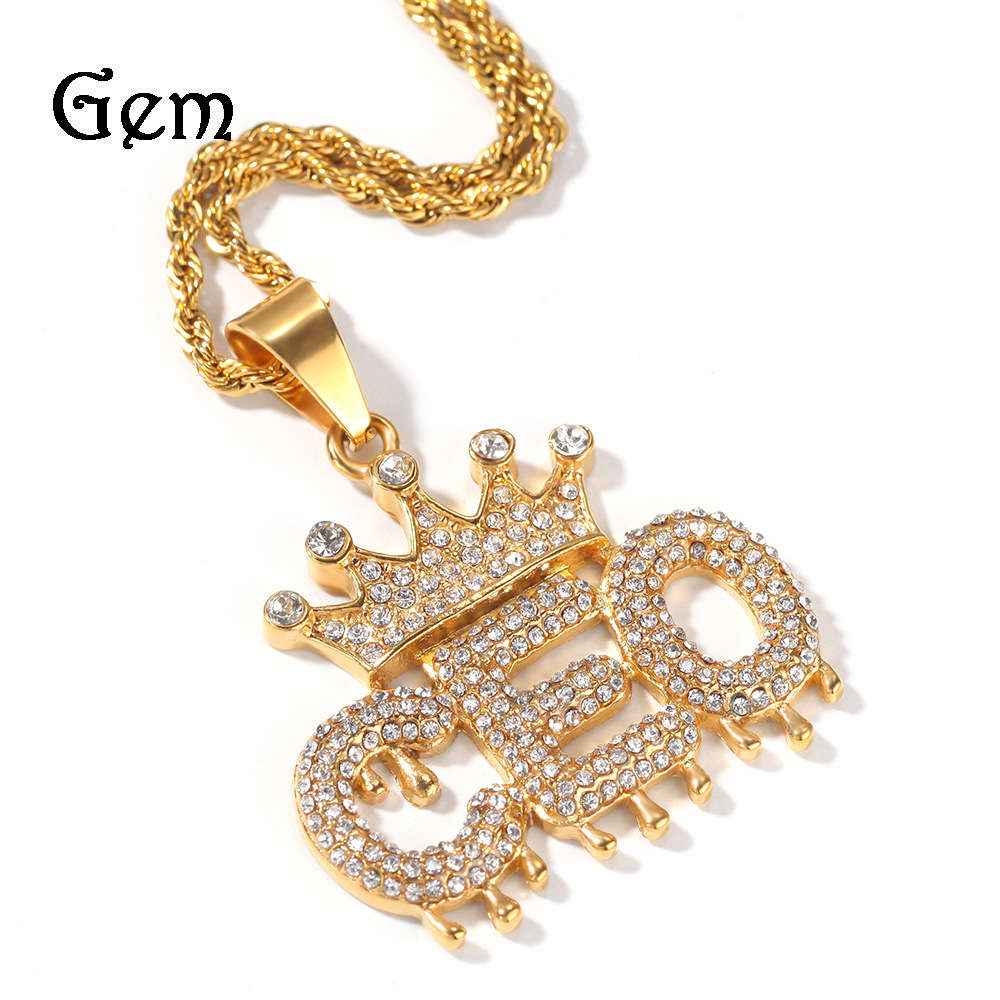 

Diamond crown water drop CEO letter pendant hip hop simple stainless steel necklace