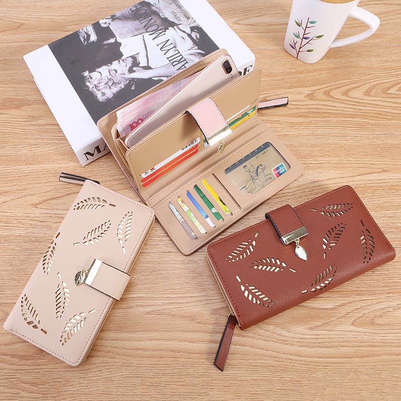 

Women's Multifunctional PU Handbag Hollow Leaves Zipper Long Purse with 12 Slots Cell Phone Wallet for Banknote Coin PR, Sky blue