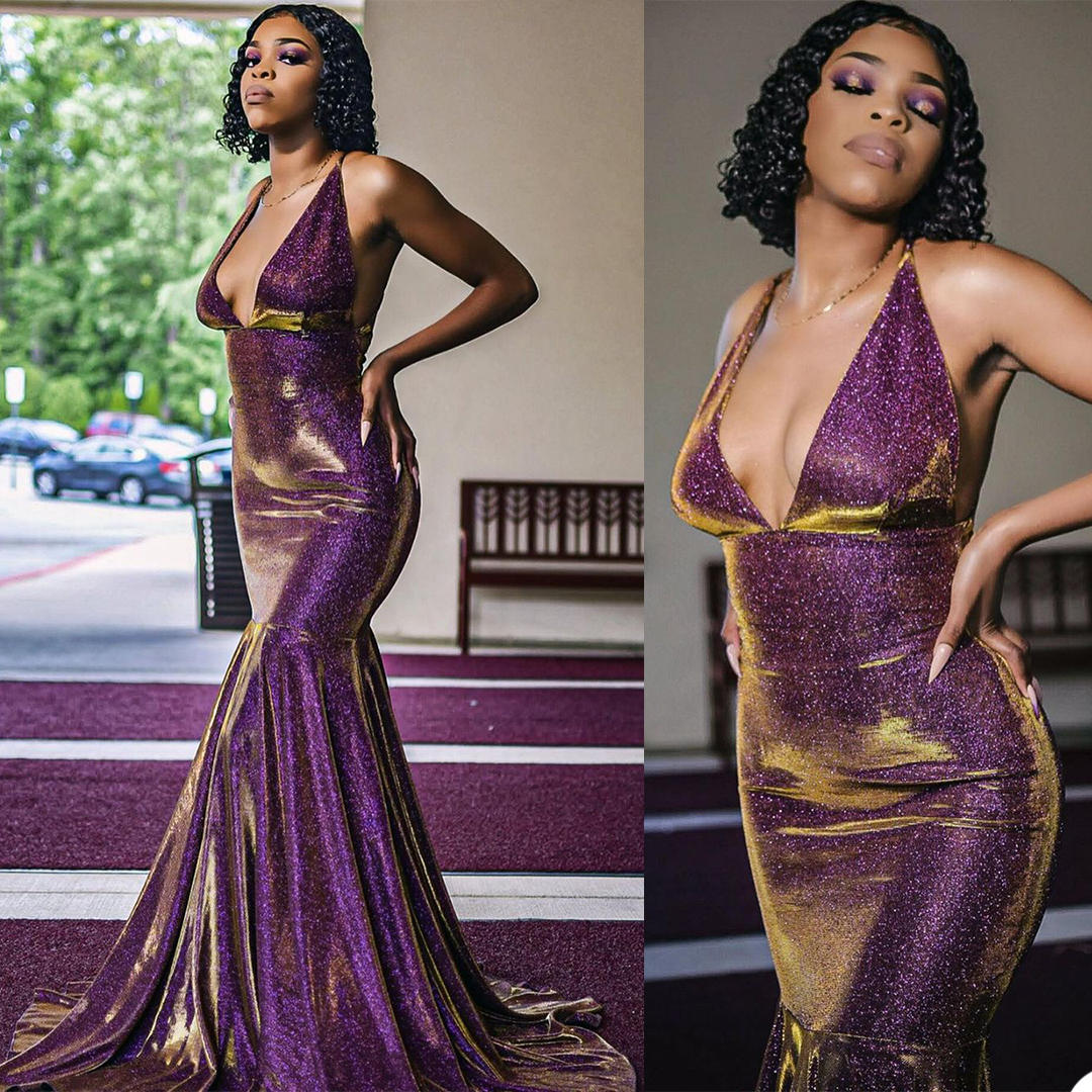 

Sparkling Sequins Satin Evening Dresses Sexy Deep V Neck Backless Mermaid Prom Dress Formal Party Gowns Custom Made Robe de mariée, Gold