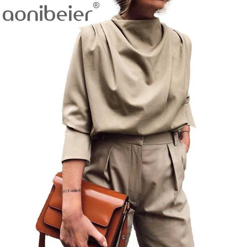 

Spring Elegant Women' Tops Blouses Draped Ruched Khaki Long Sleeve Office Lady Shirt Fashion Top Female Blouse 210604