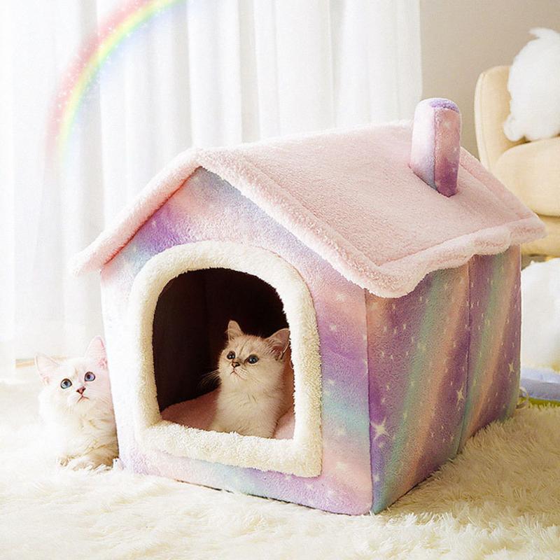 

Cat Beds & Furniture Pink Starry Pet House Warmer Dog Kennel Soft Bed Small Tent Indoor Semi-enclosed Plush Sleeping Resting Nest Removable