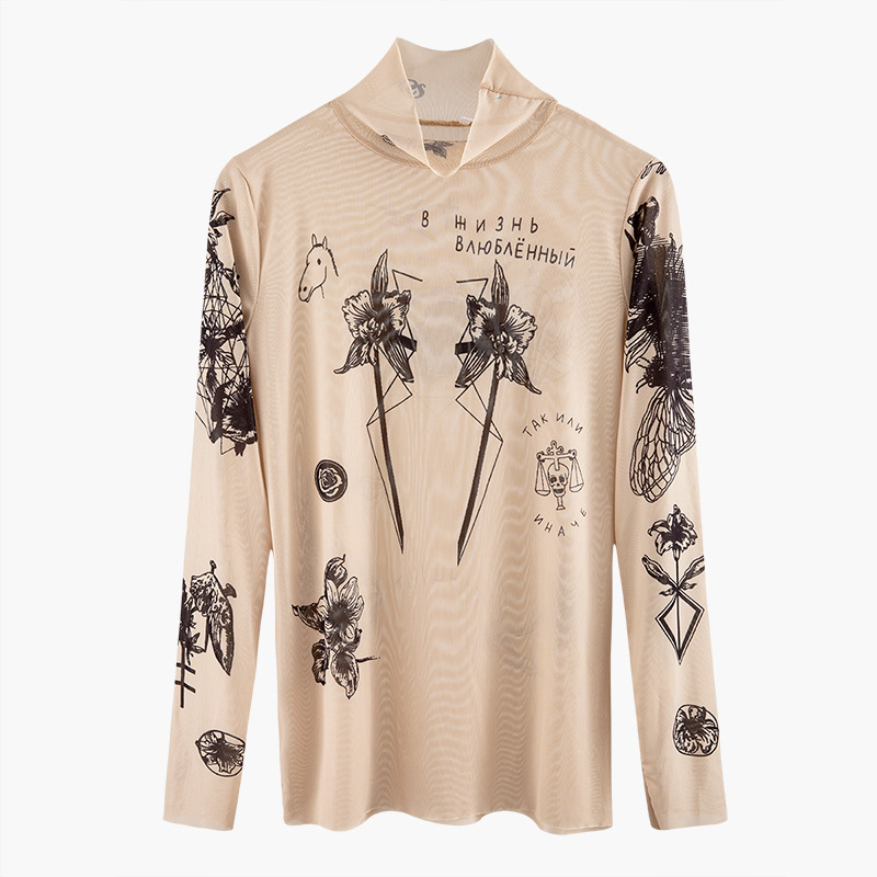 

Russia Autumn New Fashion Women Basal Top Goddess Tatoo Print Vintage High Tight Collar Mesh Yarn SEXY T-shirt Tops B666 210302, Character
