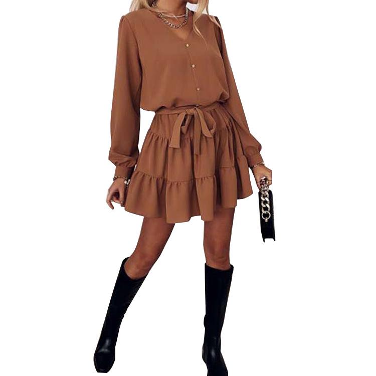 

Casual Dresses Brown Simple Style Patchwork A-line Dress Sexy V-neck Long Sleeve High Waist Lace-up Mini Vestidos Fashion Commute Women Clot, Black;gray