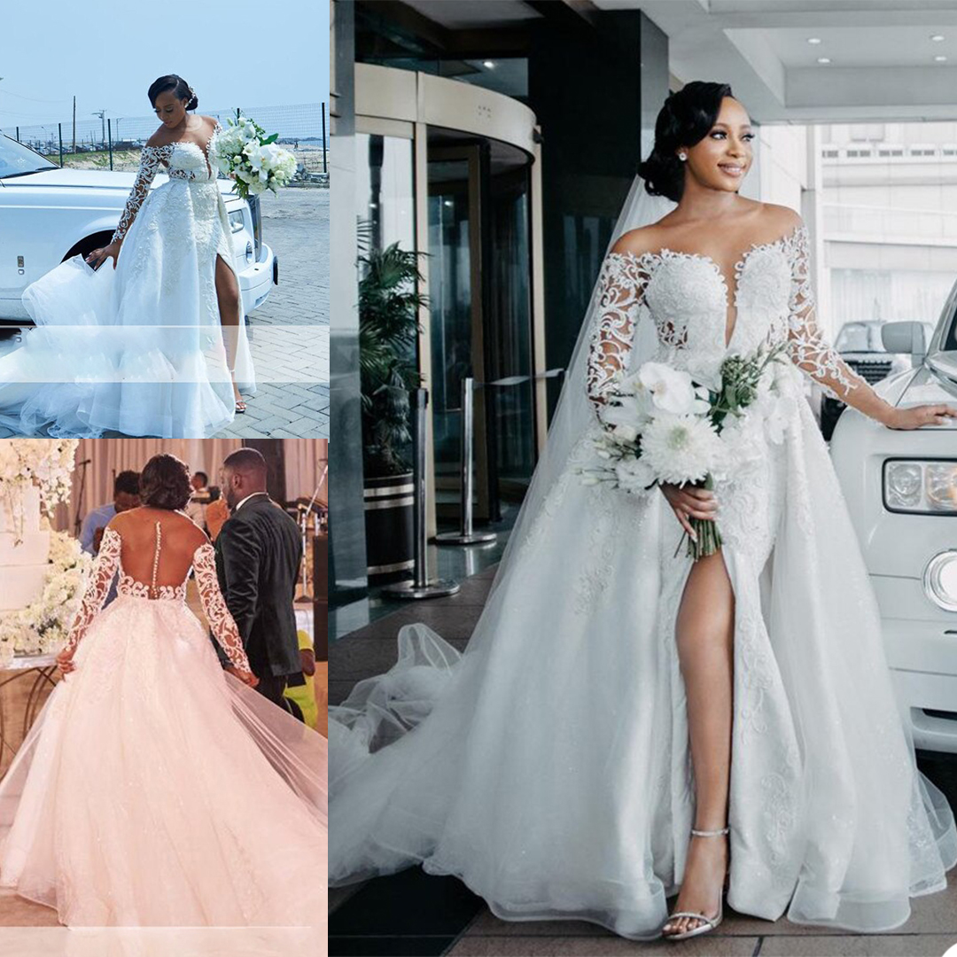 

Mermaid Sexy 2021 Split Wedding Dresses With Detachable Train Long Sleeve Beaded Lace Appliqued Bridal Gowns Plus Size Robe De Mariée, Burgundy
