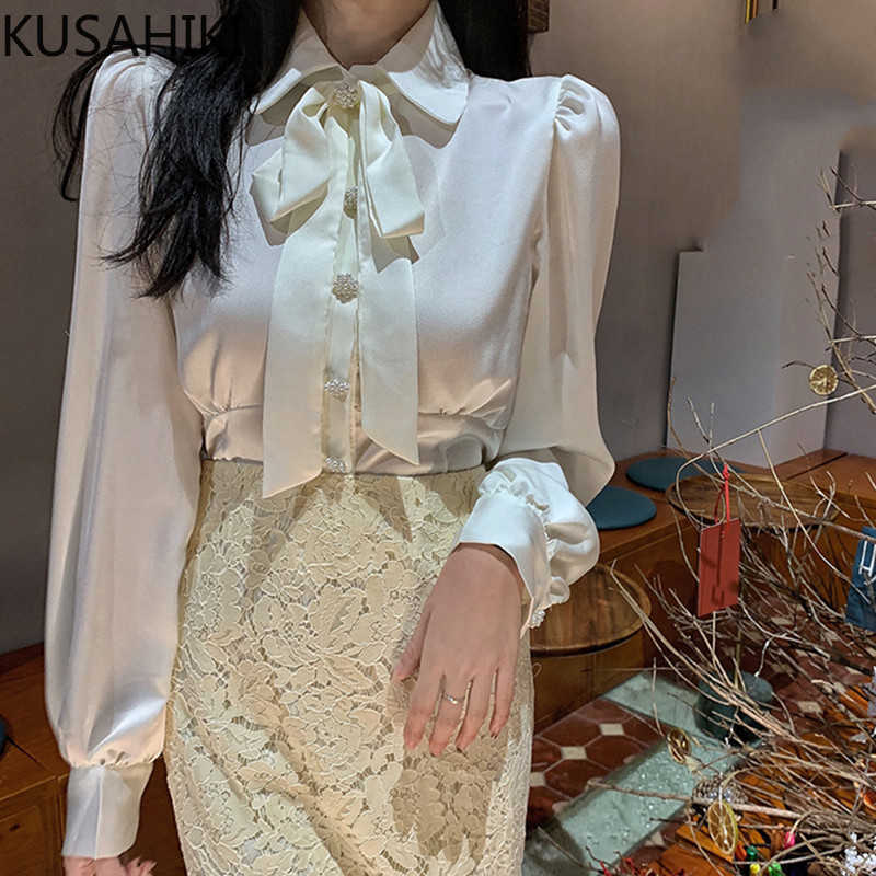 

Blouse Women Puff Long Sleeve Bow Tie Turn-down Collar Blusas Femme Spring Korean Elegant Shirt 6F549 210603, White