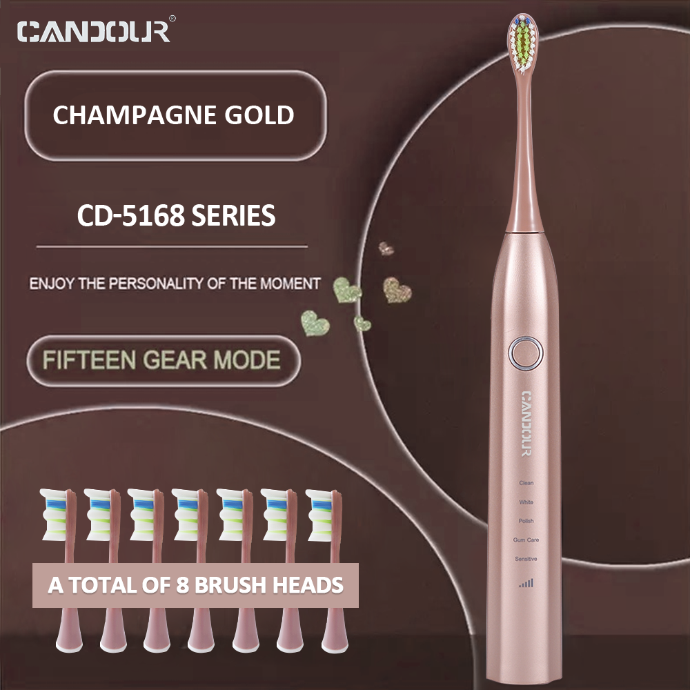 

CANDOUR CD-5168 Sonic Electric Toothbrush Rechargeable Toothbrush IPX8 Waterproof 15 Mode USB Charger Replacement Heads Set