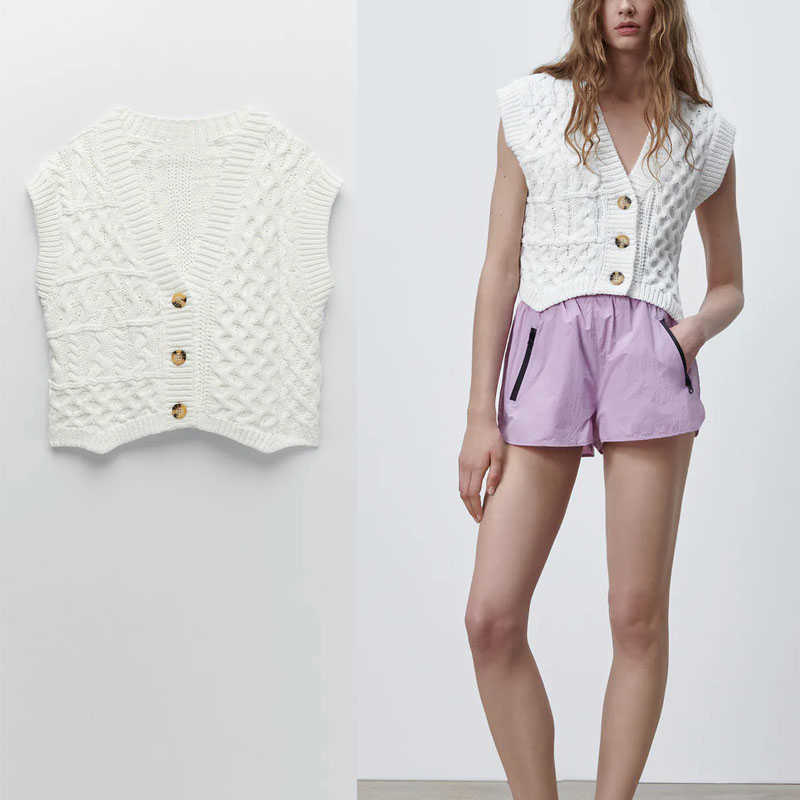 

ZA White Cable Knit Vest Women Sleeveless V Neck Spring Sweater Feminine Fashion Button Up Vintage Knitted Top 210602