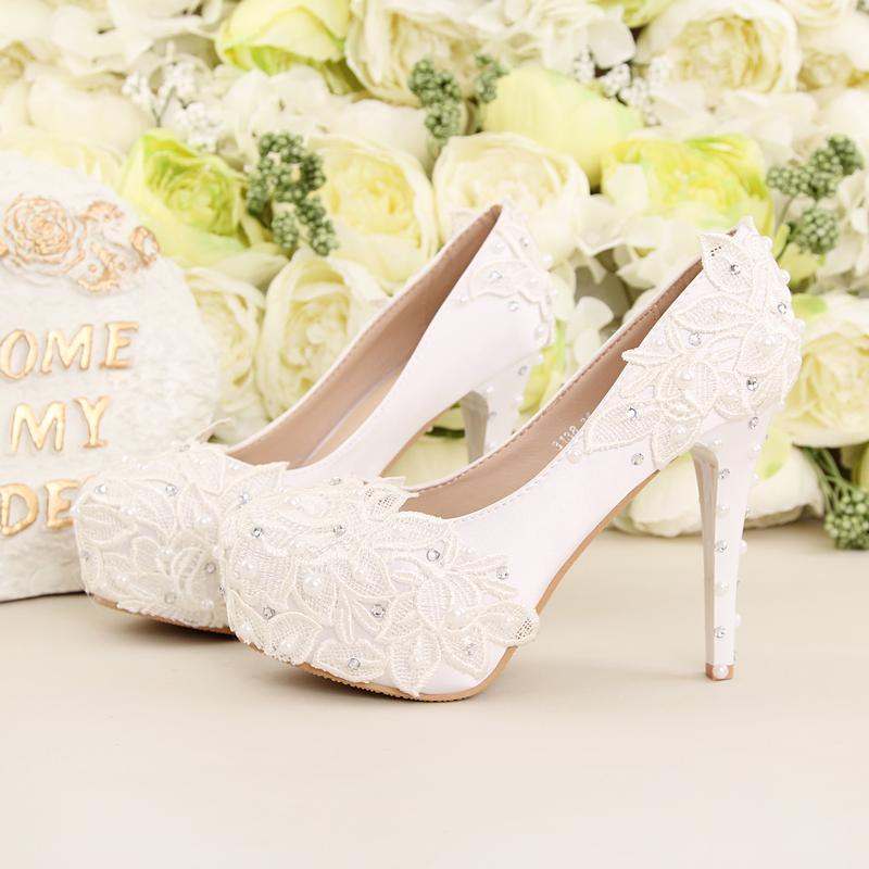 

Women Wedding White Shoes High Heels Platform 12cm 10cm Pumps Pearl Lace Flowers Bride Bridesmaid Shoes Lady Wedding Party, White 10cm heel