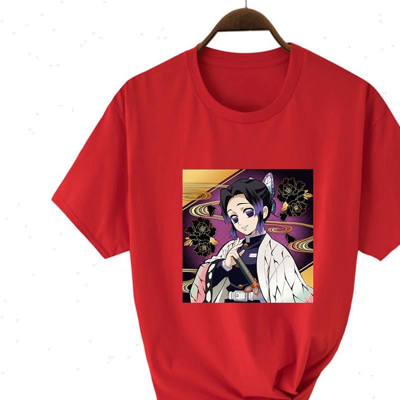 

cartoon fashion new t shirt women kimetsu no yaiba slayer t shirts round neck colorful plus size hip hop red t shirt, White