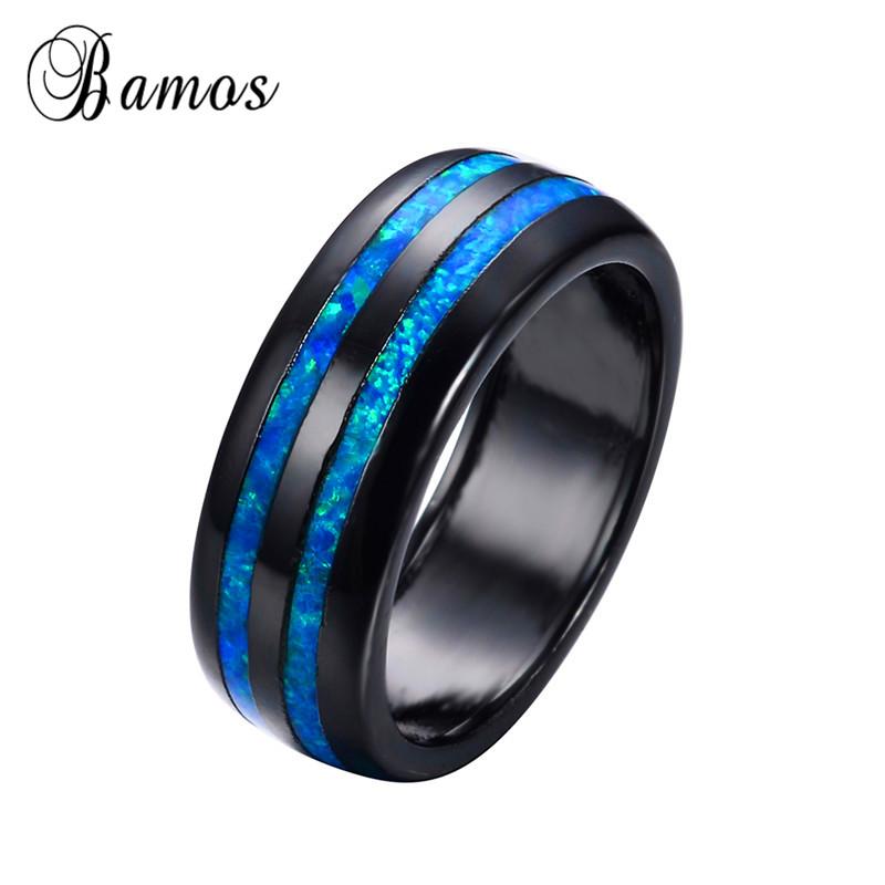 

Wedding Rings Bamos Stylish Blue Fire Opal Stripe For Men Women Top Quality Black Gold Filled Engagement Lover Jewelry Gifts RB1345