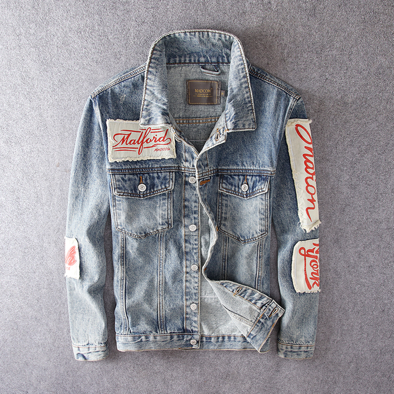 

2021 New Fashion Streetwear High Quality Retro Blue Patches Designer Hip Hop Men Punk Style Denim Coats Biker Jackets C09i