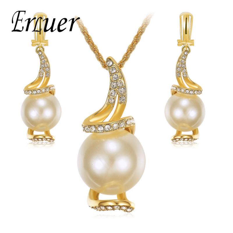 

Earrings & Necklace ERLUER Nigeria Africa Gold Color Simulated Pearl Bridal Jewelry Sets Women Wedding Crystal Set Gifts, As pic