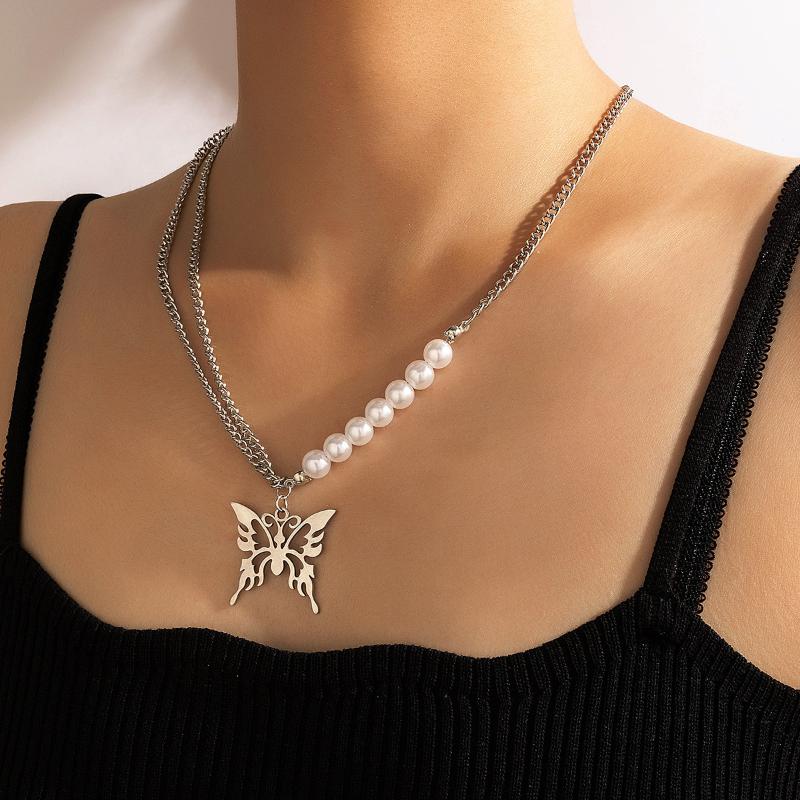 

Pendant Necklaces Punk Butterfly Necklace For Women Men Metal Link Pearl Chain Hip Hop Gothic Neck Chains Collar Silver Color Goth Jewelry