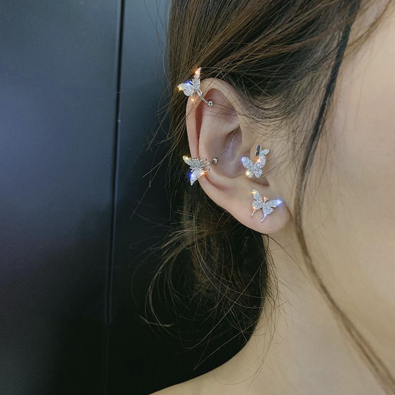 

Clip-on & Screw Back Korean Zircon Butterfly Earrings For Women Cute Fake Piercing 2021 Punk Statement Clip On Fashion Jewelry Ear Cuffs, Silver