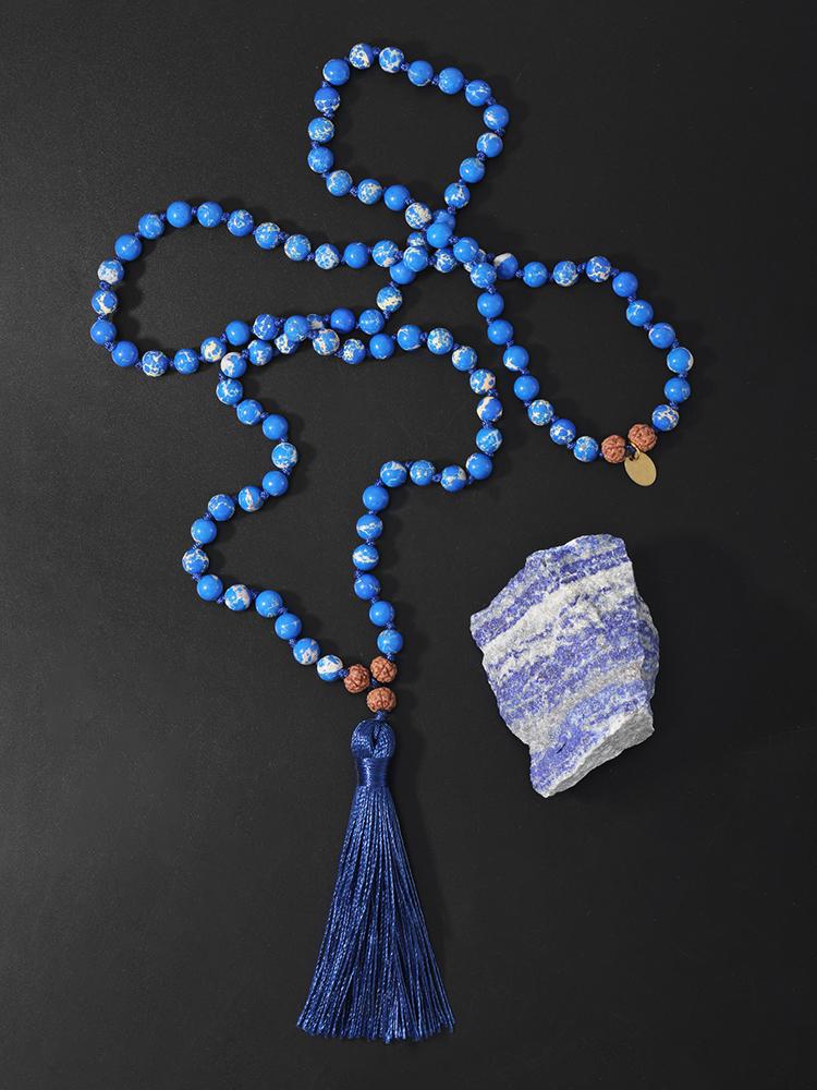 

Pendant Necklaces OAIITE 108 Beads Natural Lava Rock Emperor Stone Necklace For Women Men Boho Tribal Jewelry Knotted Bodhi Beaded Rosary, Silver
