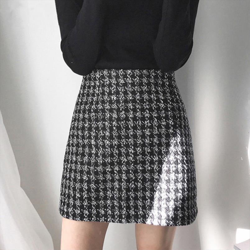 

Retro Black Woolen Plaid Womens Skirts High Waist A Line Short Autumn Elegant Female Mini Femme Jupes