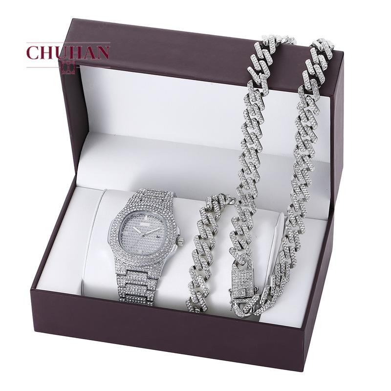 

Watch CHUHAN 3pcs/set Hip Hop Cuba Chains Iced Out Necklace Set Fashion Luxury Diamond Inlaid Steel Band Quartz Watch + Bracelet J491, 04