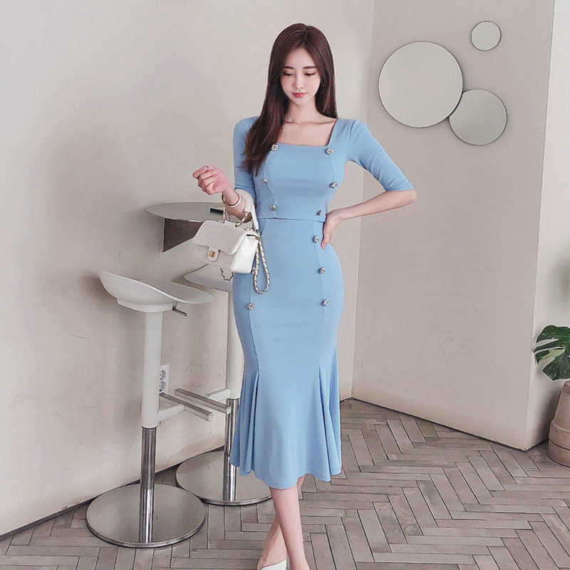 

two-piece suit summer Korean style slim double-breasted knitted jacket bag hip fishtail skirt 210603, Sky blue (suit)