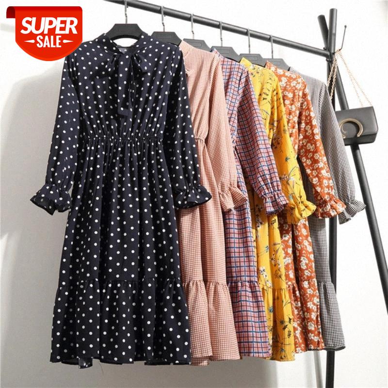 

Summer Autumn Chiffon Print Dress Casual Cute Women floral Long Bowknot Dresses Long Sleeve Vestido S-XL Size #MW5I, Black;gray