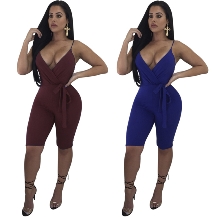 

2021 New Women Jumpsuits Solid Color Spaghetti Strap Bandage V-neck Knee Length Rompers Sexy Casual Club Fashion Jumpsuit Ladies Playsuit D2, Blue
