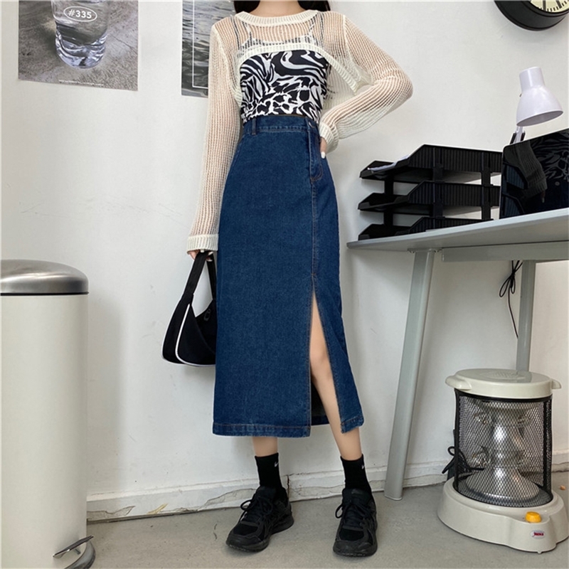 Chic Harajuku Jeans Skirt Womens Autumn Split Sexy Denim Skirt Femme High Waist Long Skirts Vintage Side Zipper Autumn Saia 210309