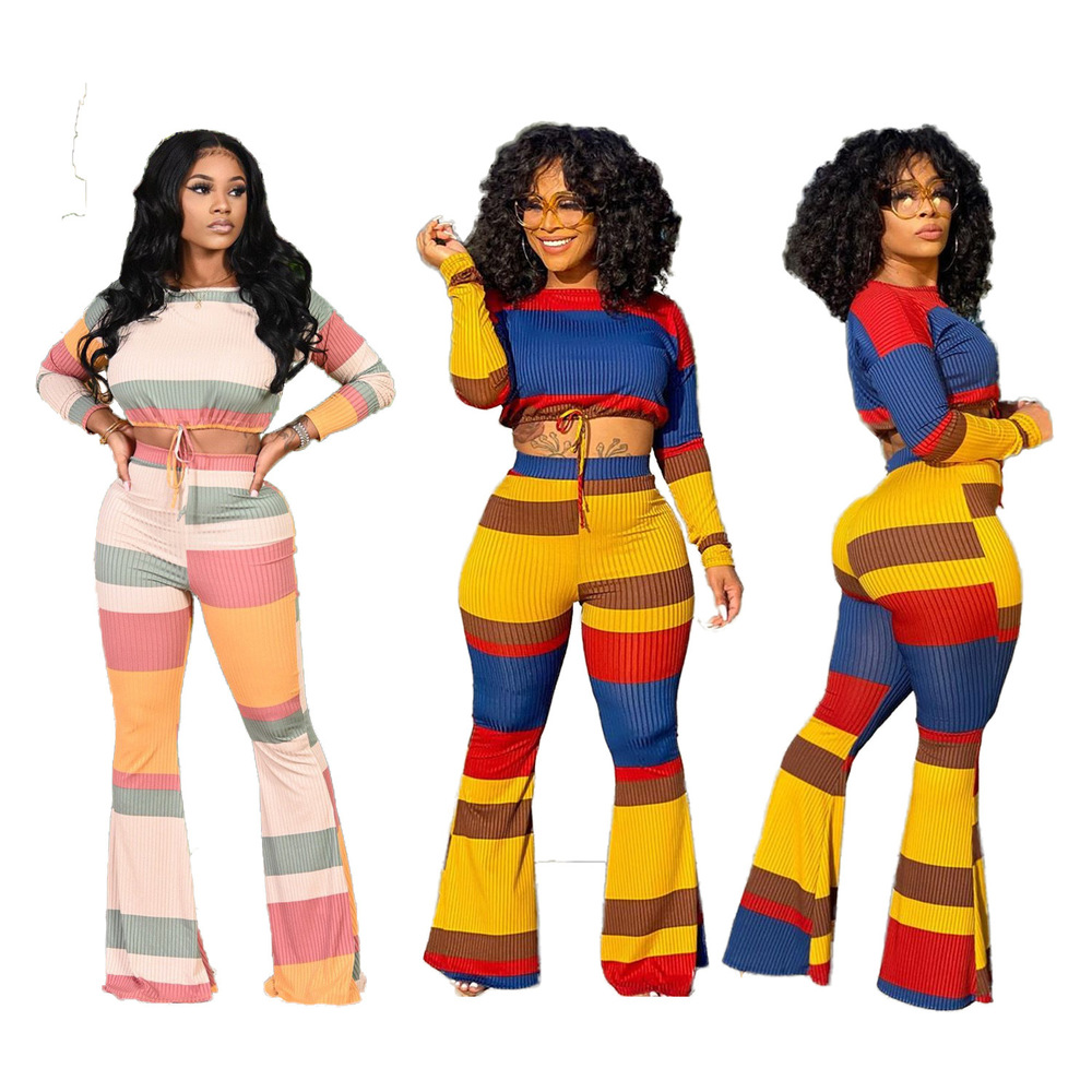 

Color Block Striped Patchwork Two Piece Suits Women Long Sleeve Ribbed Crop Tops+flare Bell Bottom Trouser Club Birthday Outfit, White orange