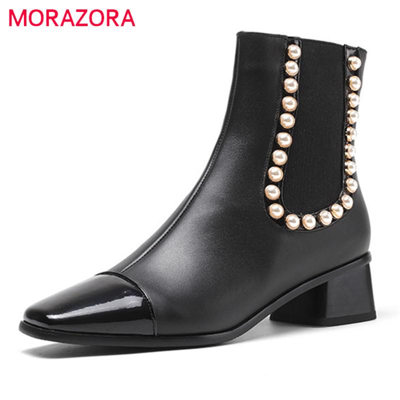 

Boots MORAZORA 2021 Arrive Genuine Leather Shoes Women Ankle Zip Pearl Med Heel Casual Autumn Winter, Black